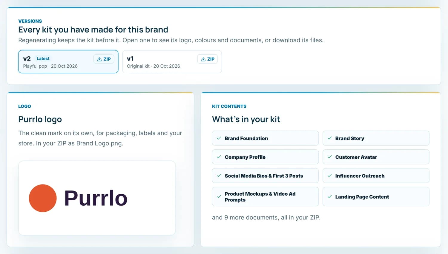 A MarketBaaz launch kit: versions, the logo and the documents in the ZIP
